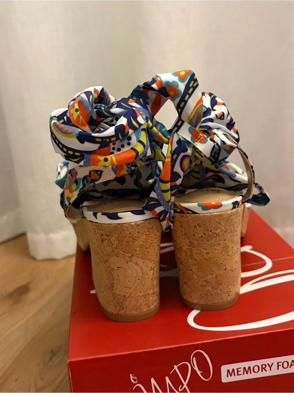 Impo Floral Tie-Wrap Cork Wedge Sandal Heels